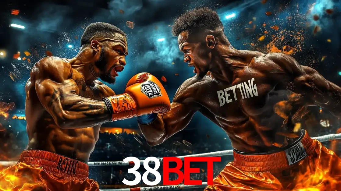 Dois boxeadores em uma luta intensa e explosiva, representando a adrenalina e as oportunidades de apostas em esportes de combate disponíveis na plataforma 38BET.