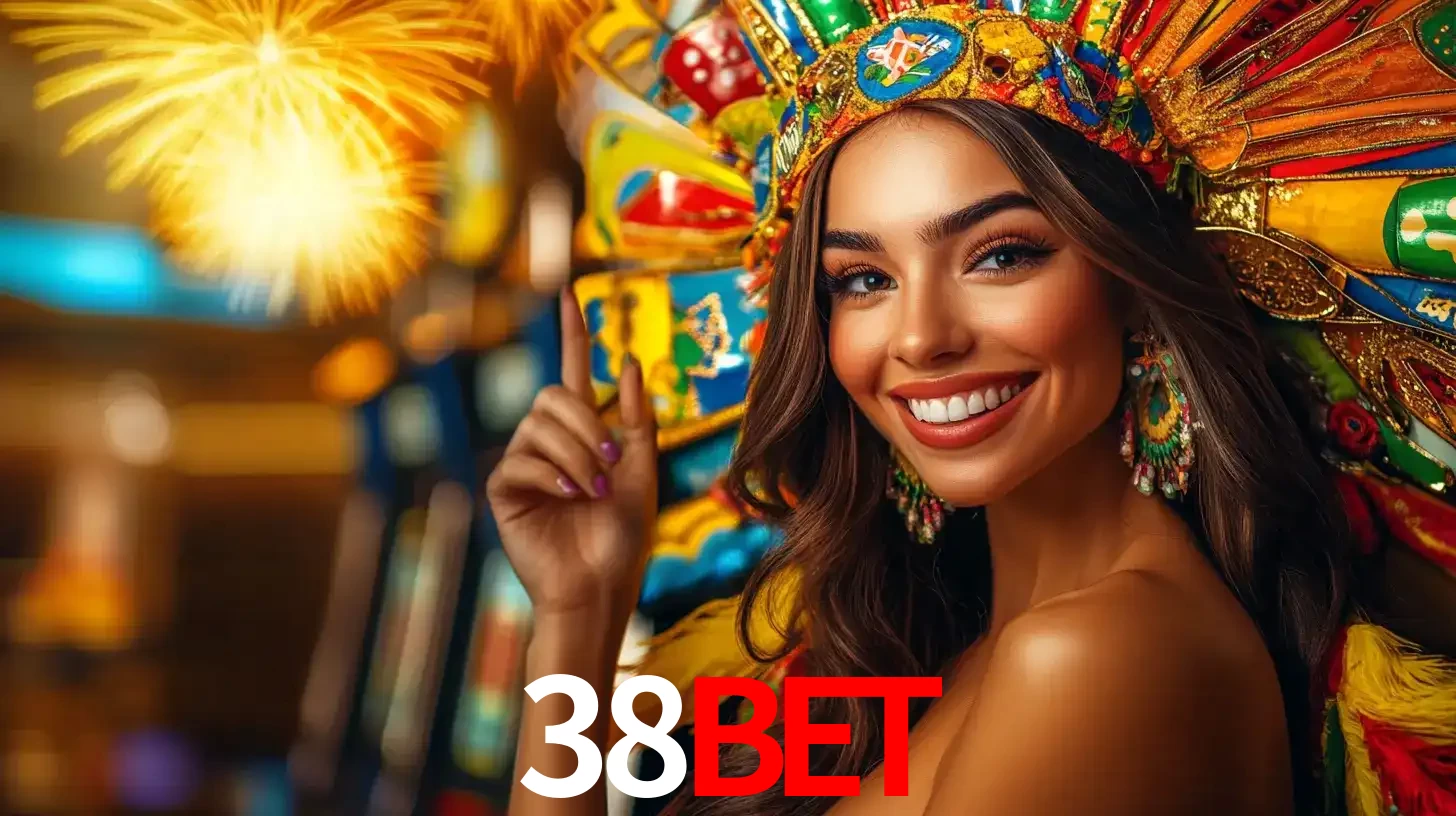 Mulher sorridente com um cocar de carnaval vibrante e colorido, celebrando uma grande vitória nos jogos do cassino 38BET com fogos de artifício ao fundo.
