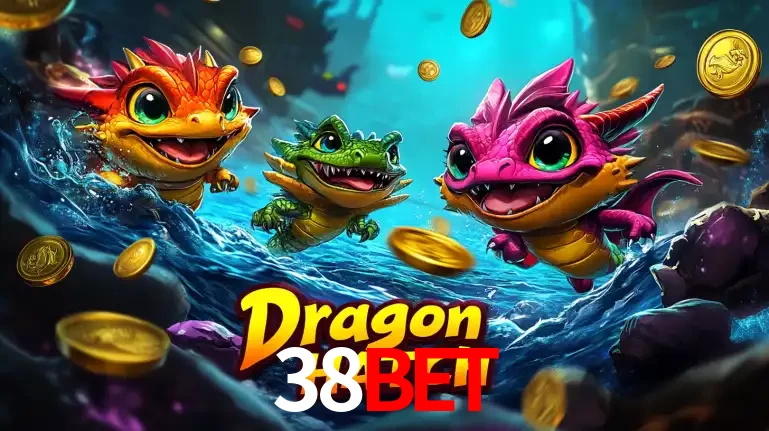 Arte promocional do jogo Dragon Hatch com três adoráveis dragões bebês nadando entre moedas de ouro, um dos slots mais divertidos para jogar no cassino 38BET.