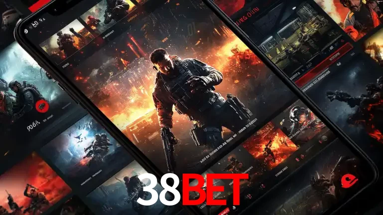 Tela de um celular exibindo uma galeria de jogos de tiro com temática militar, mostrando a variedade de e-sports disponíveis para apostas na plataforma de entretenimento 38BET.