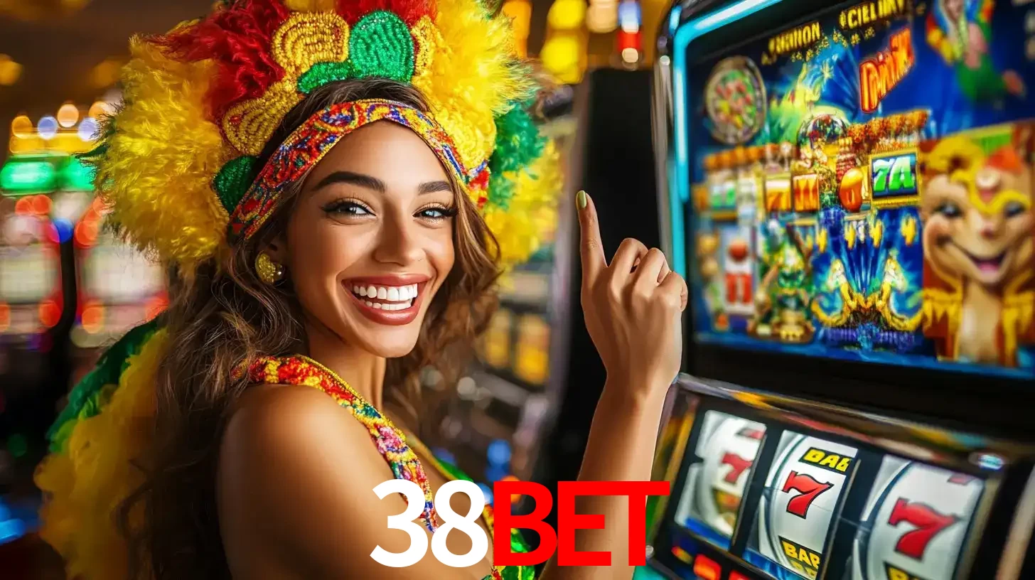 Mulher animada com um cocar de carnaval apontando para uma máquina de caça-níqueis, mostrando a emoção de ganhar um grande prêmio nos jogos do 38BET.