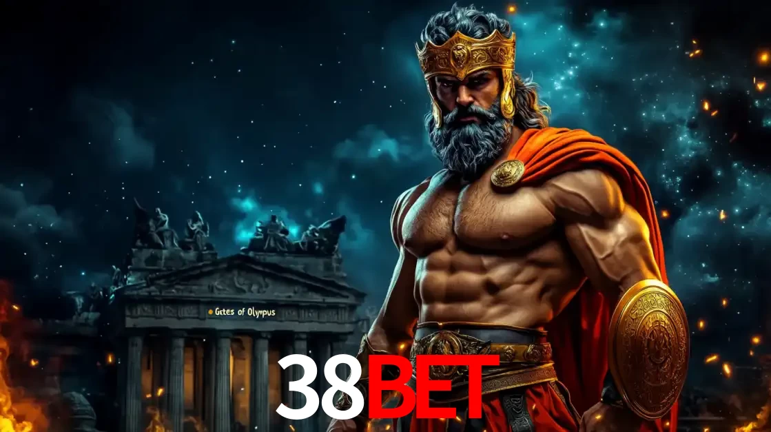 O poderoso Zeus do jogo de slot Gates of Olympus em frente ao seu templo, pronto para lançar multiplicadores divinos e prêmios épicos no cassino online 38BET.