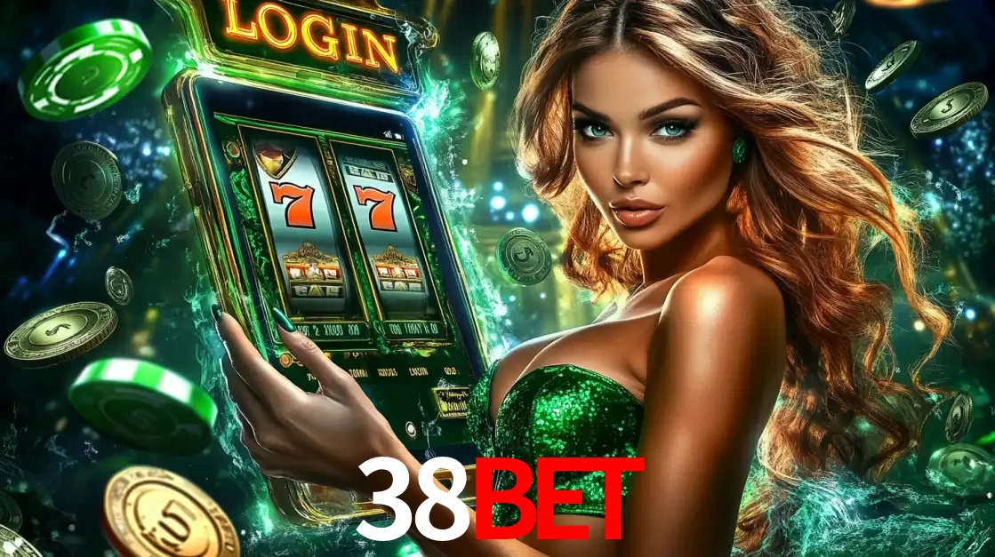 Mulher com tema verde apresentando o aplicativo do cassino 38BET com um jogo de slot de 777, cercada por fichas de cassino e uma aura de sorte.