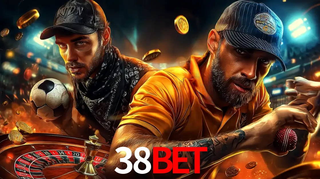 Montagem de apostas esportivas e cassino no 38BET, com um homem segurando uma bola de futebol e outro uma de beisebol sobre uma roleta e moedas voadoras.