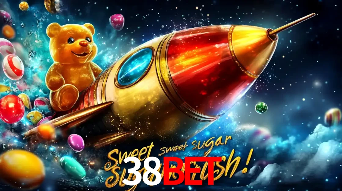 Arte promocional do jogo de slot Sugar Rush, com um urso de pelúcia em um foguete viajando pelo espaço de doces, um dos jogos divertidos disponíveis no cassino 38BET.
