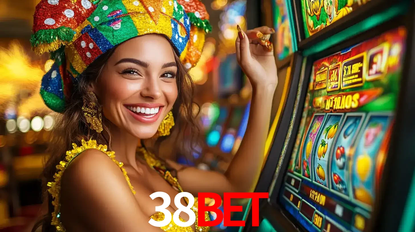 Mulher feliz com traje de carnaval amarelo e colorido ao lado de uma máquina de caça-níqueis, aproveitando a diversão e os jogos temáticos do cassino 38BET.