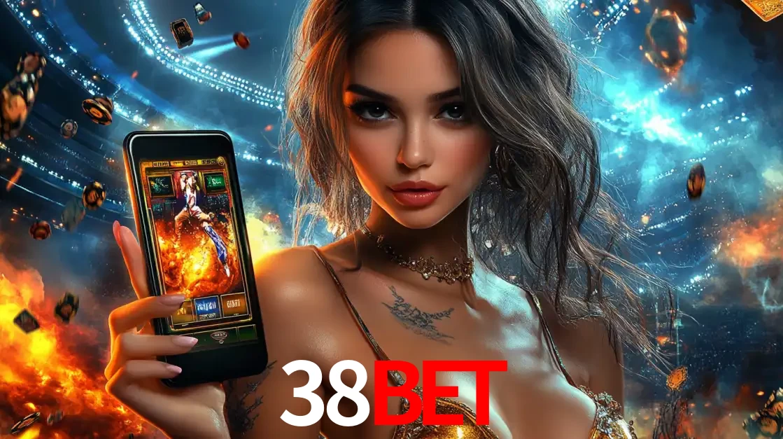 Mulher segurando um celular com um jogo de slot em destaque, tendo como fundo um estádio vibrante, simbolizando a emoção de jogar no cassino móvel 38BET.