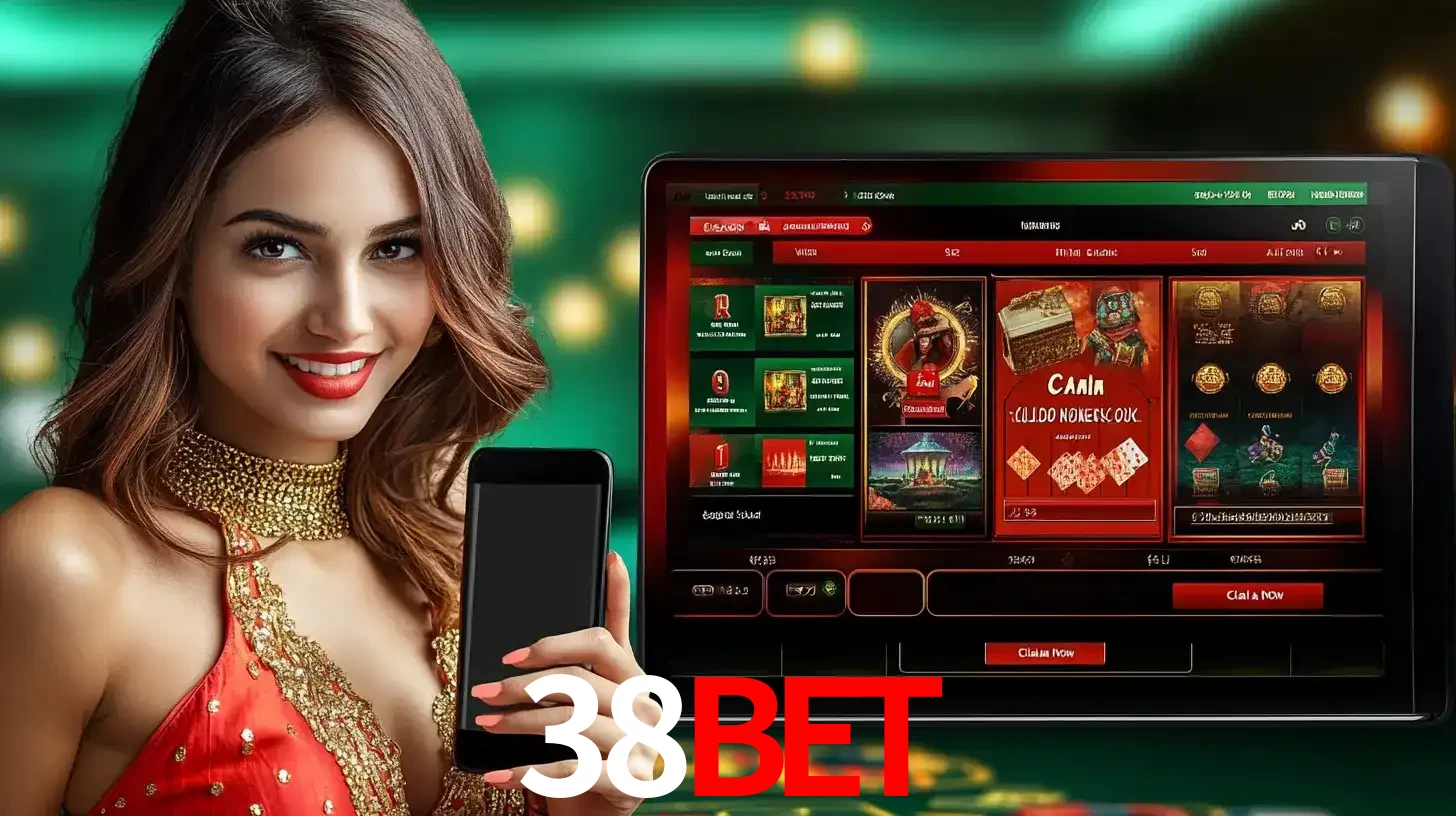 Mulher sorridente segurando um smartphone, ao lado de uma tela exibindo o lobby de jogos do cassino online 38BET, com várias opções de jogos de cartas e slots.